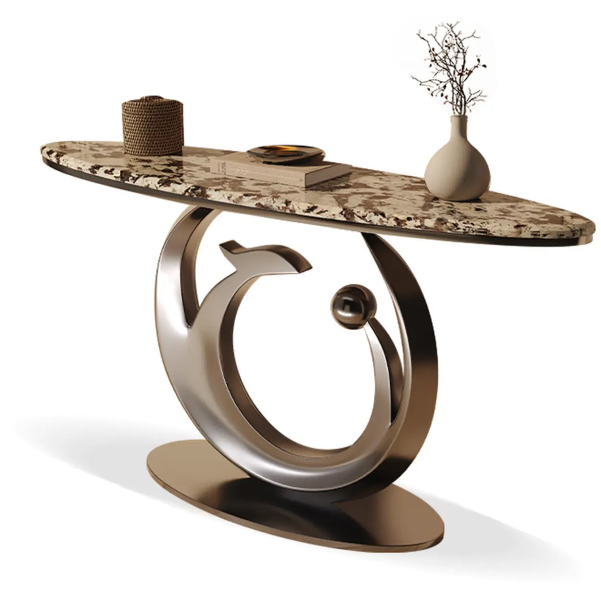 Abstract Metal Base Oval Marble Entryway Console Table Image - 6