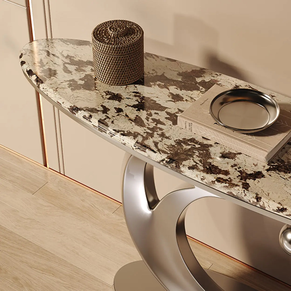 Abstract Metal Base Oval Marble Entryway Console Table Image - 7