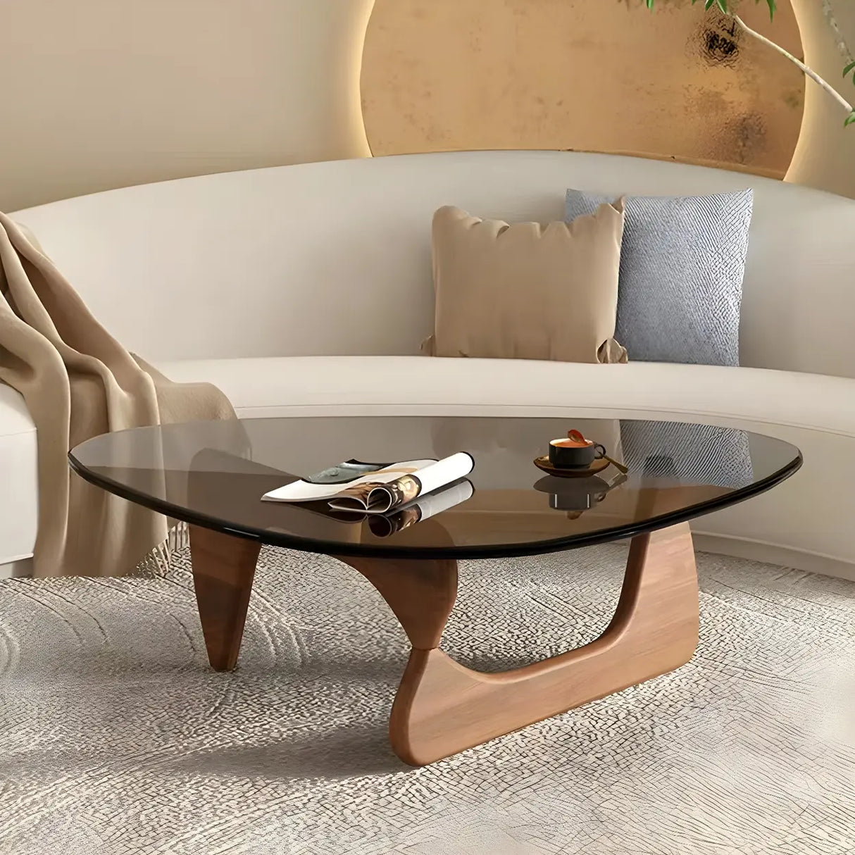 Abstract Pine Wood Base Triangle Glass Coffee Table Image - 1