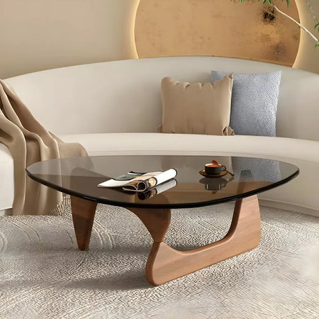 Abstract Pine Wood Base Triangle Glass Coffee Table Image - 1