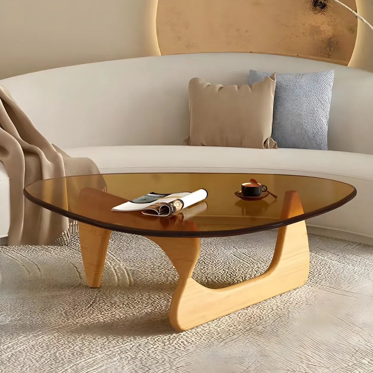 Abstract Pine Wood Base Triangle Glass Coffee Table Image - 10