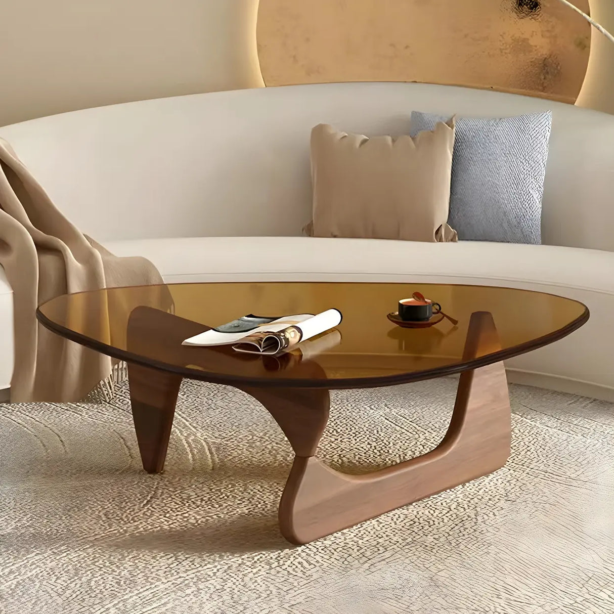 Abstract Pine Wood Base Triangle Glass Coffee Table Image - 11