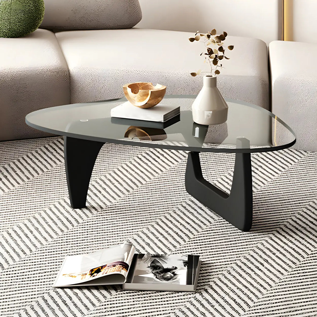 Abstract Pine Wood Base Triangle Glass Coffee Table Image - 12
