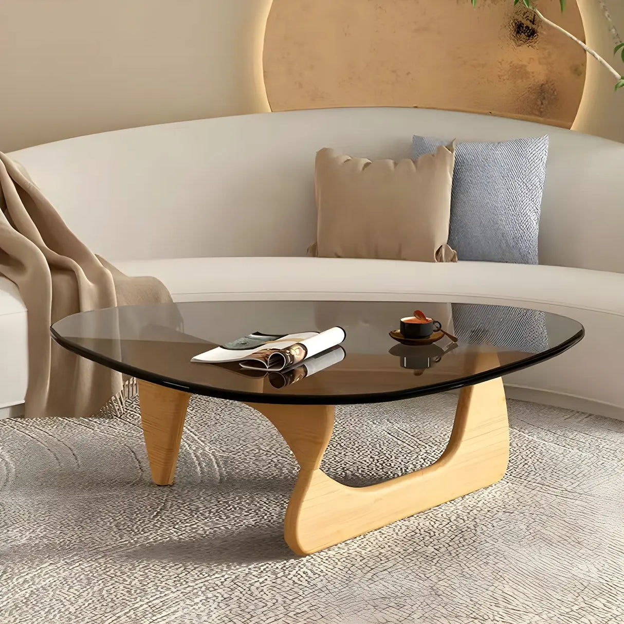 Abstract Pine Wood Base Triangle Glass Coffee Table Image - 13