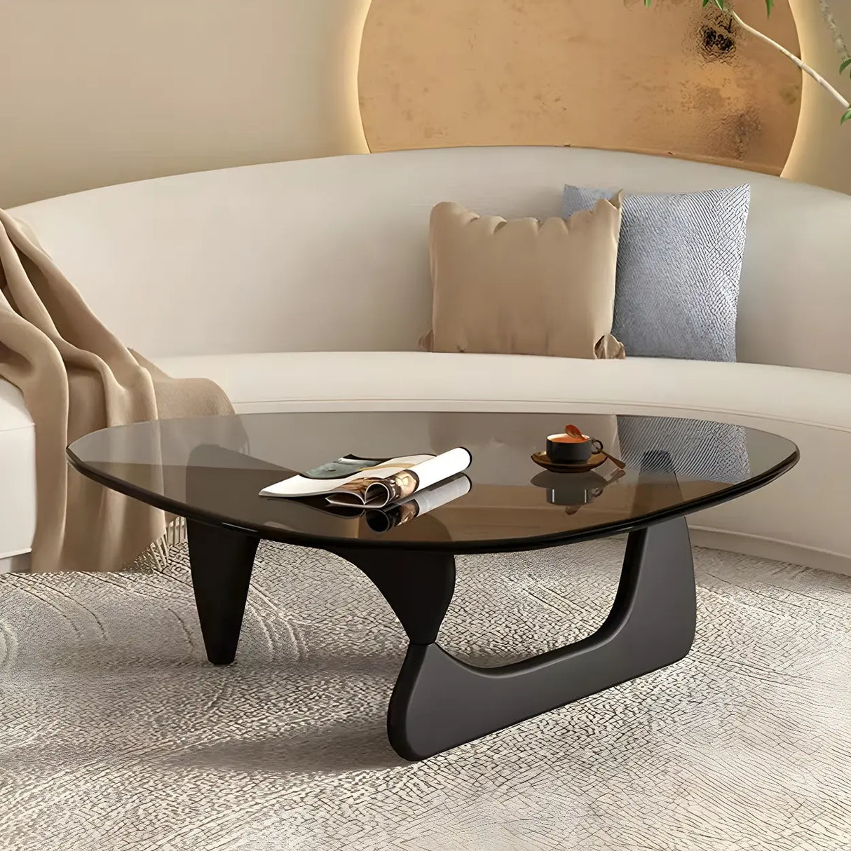 Abstract Pine Wood Base Triangle Glass Coffee Table Image - 14