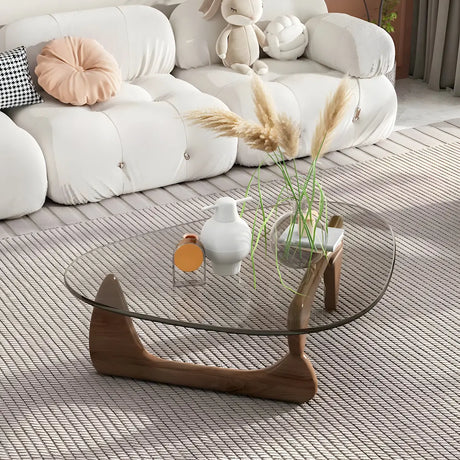 Abstract Pine Wood Base Triangle Glass Coffee Table Image - 2
