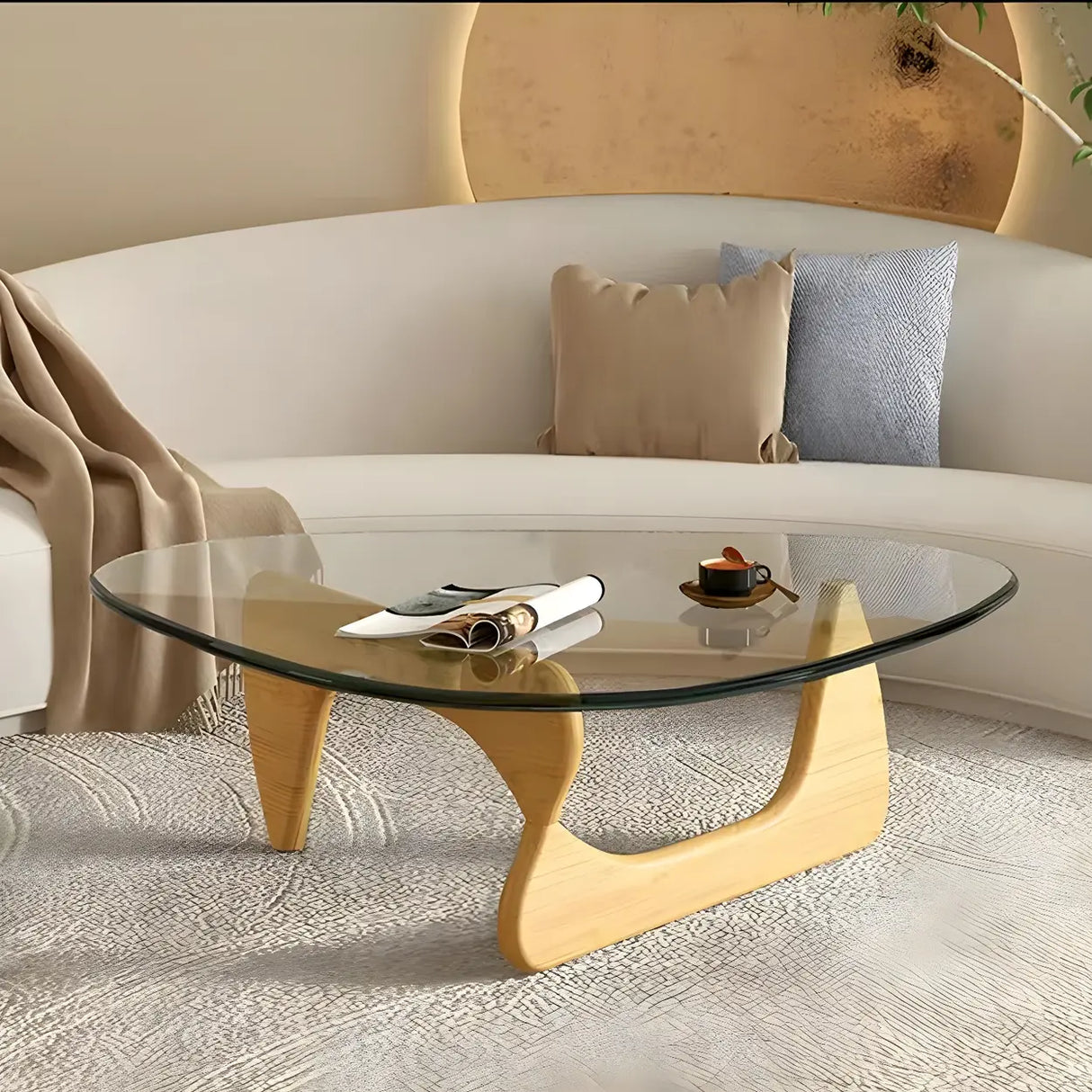 Abstract Pine Wood Base Triangle Glass Coffee Table Image - 3