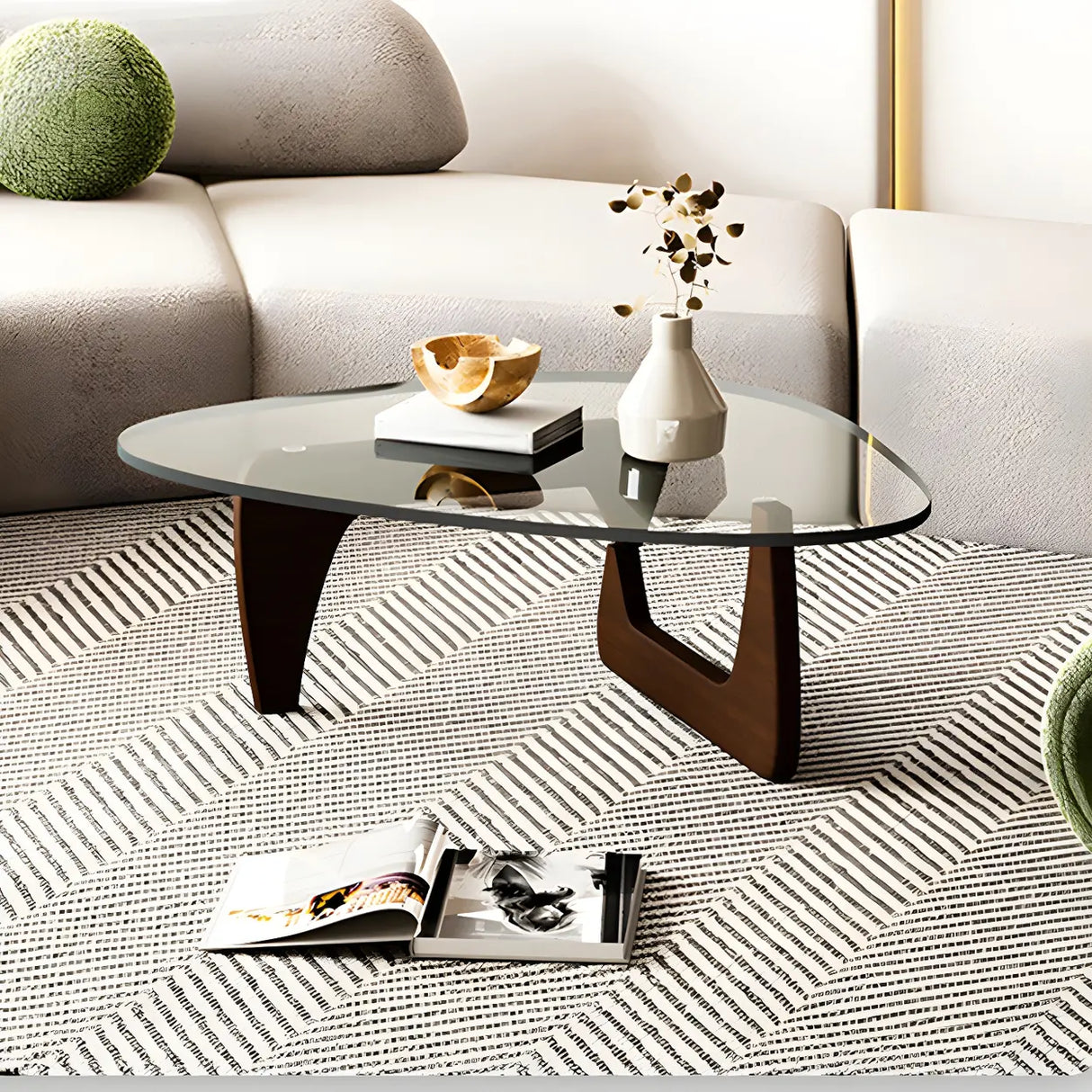 Abstract Pine Wood Base Triangle Glass Coffee Table Image - 4