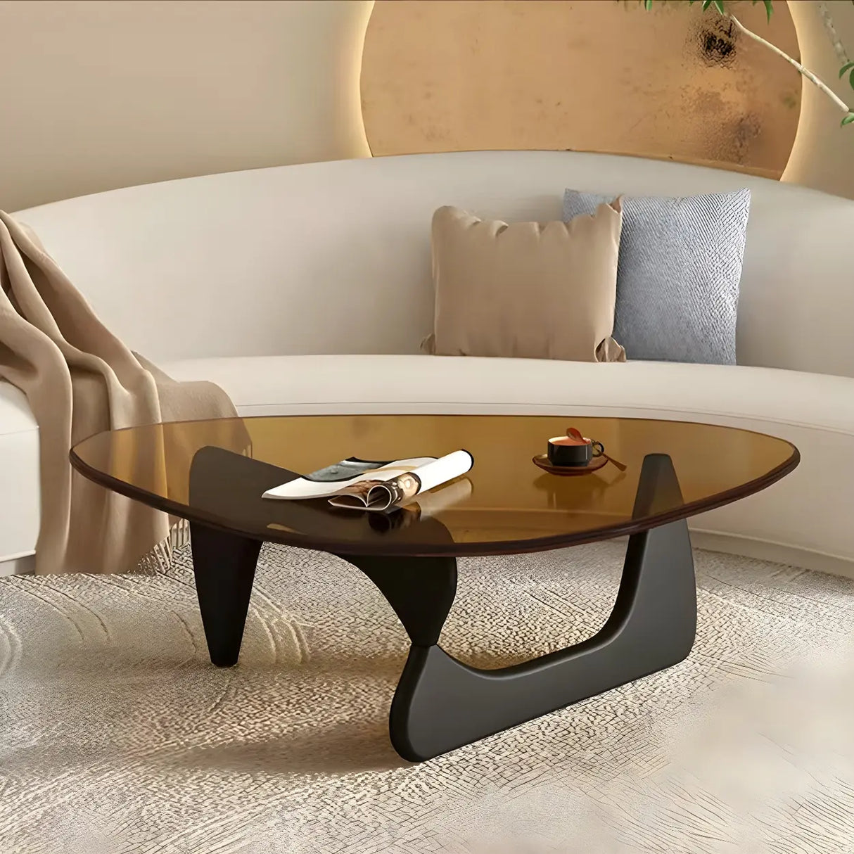 Abstract Pine Wood Base Triangle Glass Coffee Table Image - 9