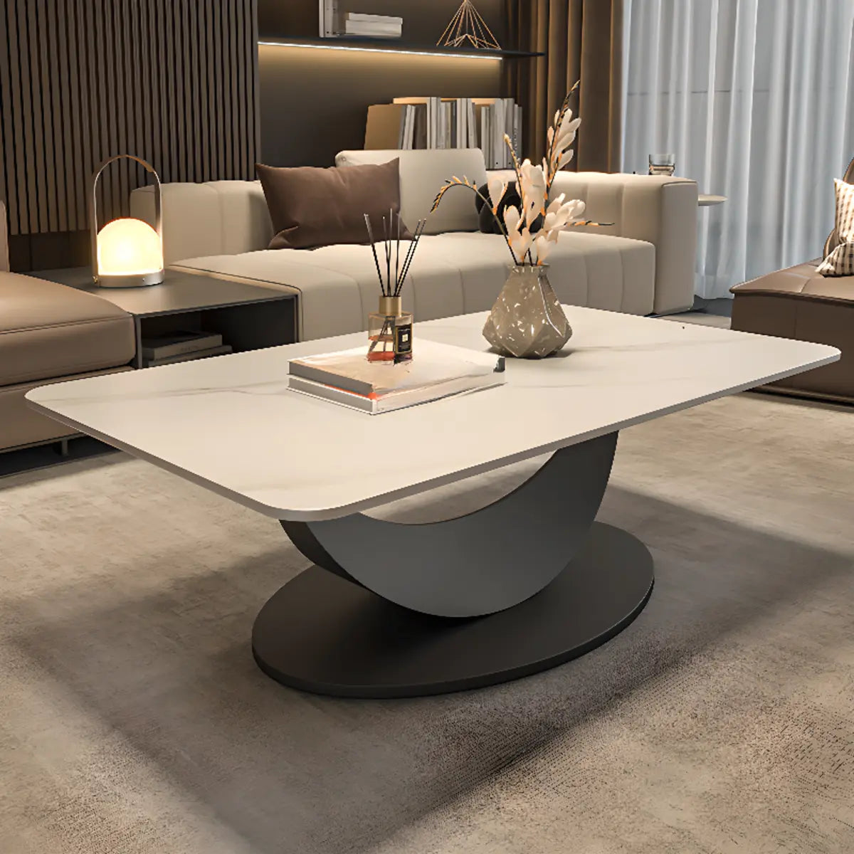 Abstract White Rectangular Stone Iron Base Coffee Table Image - 1