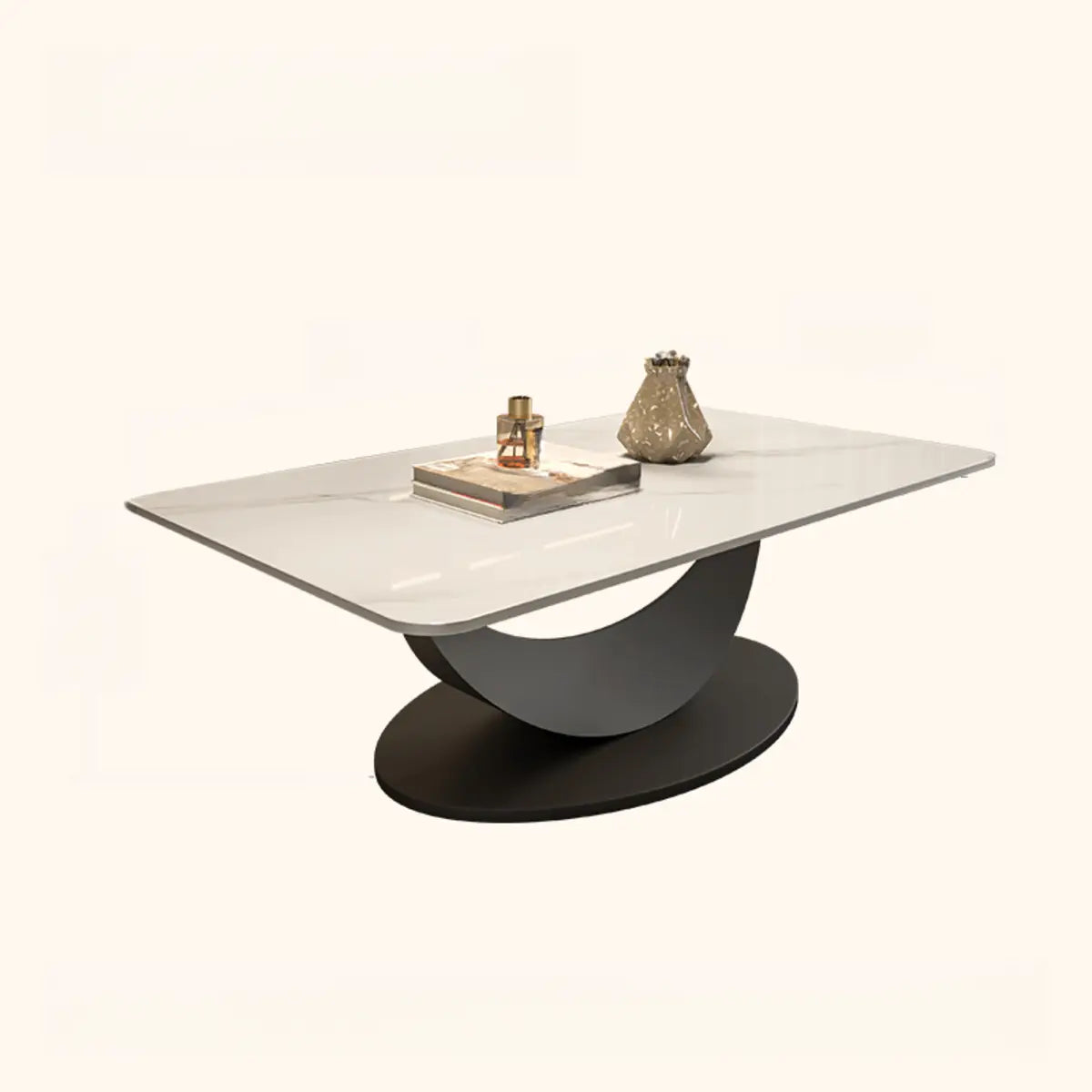 Abstract White Rectangular Stone Iron Base Coffee Table Image - 2