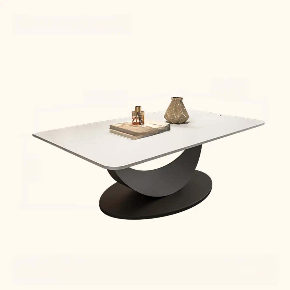 Abstract White Rectangular Stone Iron Base Coffee Table Image - 5