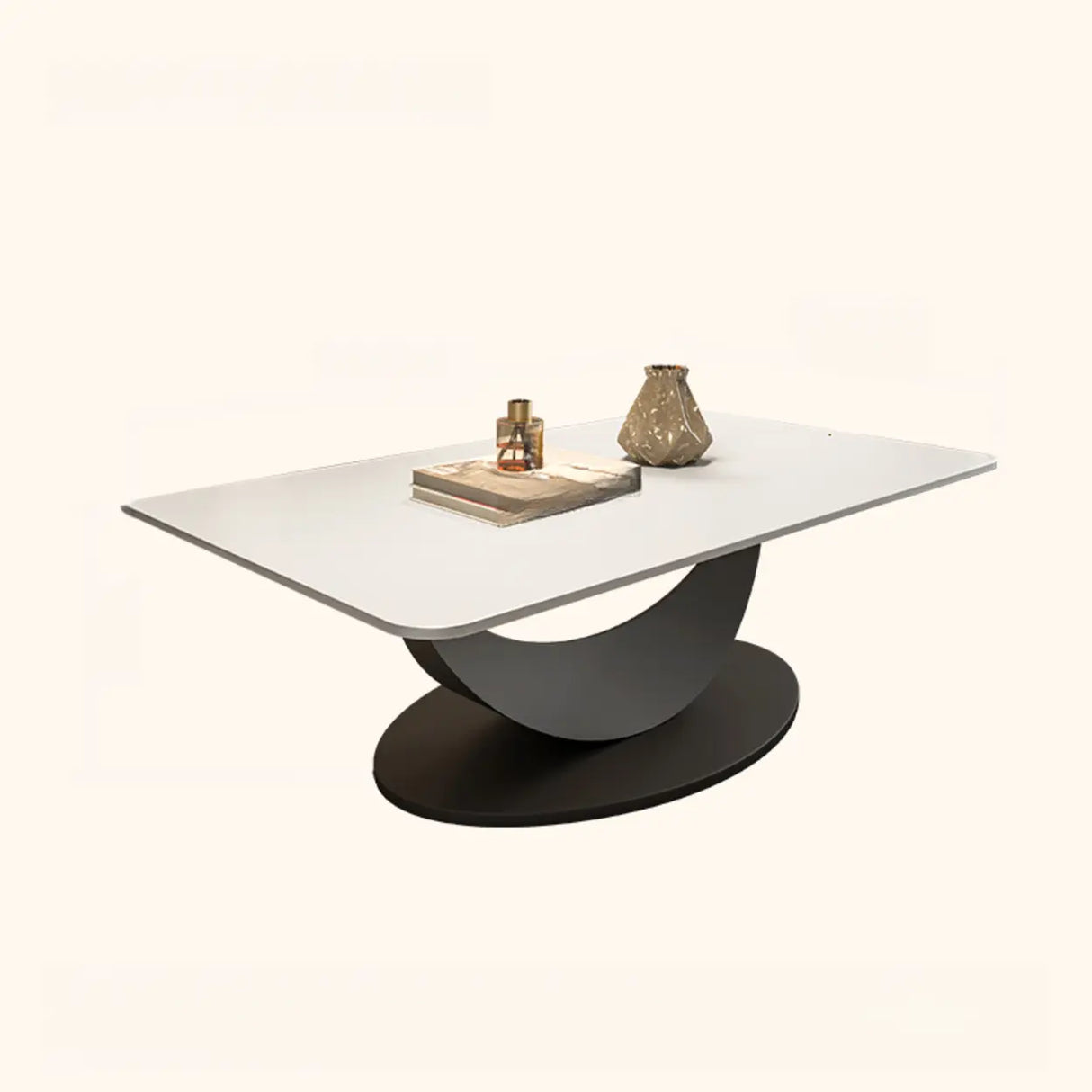 Abstract White Rectangular Stone Iron Base Coffee Table Image - 5