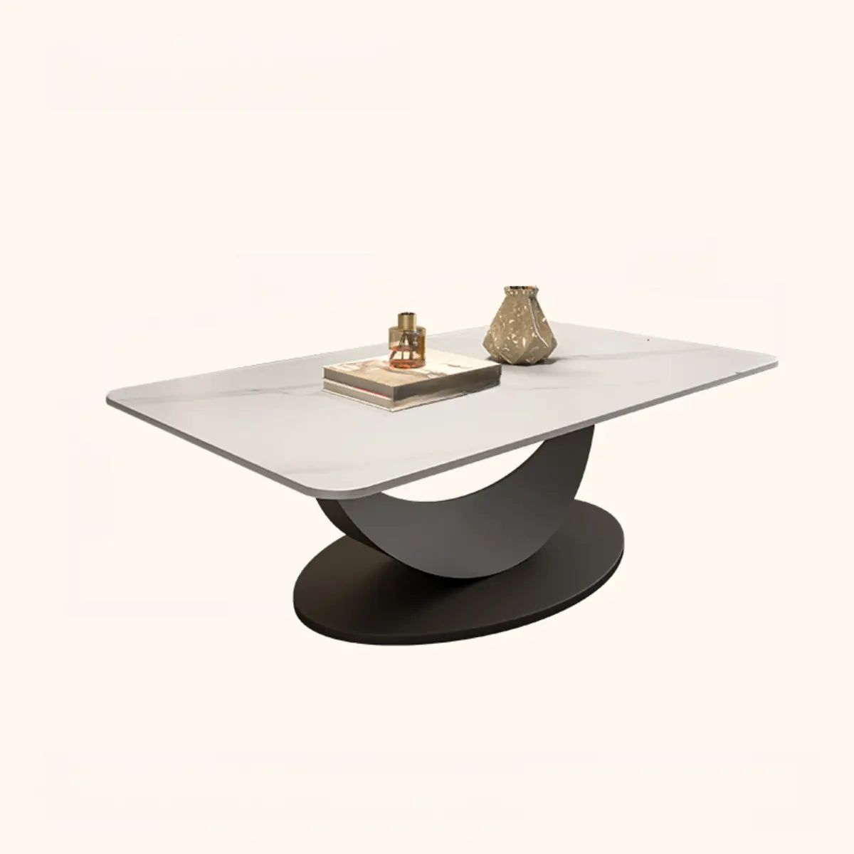 Abstract White Rectangular Stone Iron Base Coffee Table Image - 7