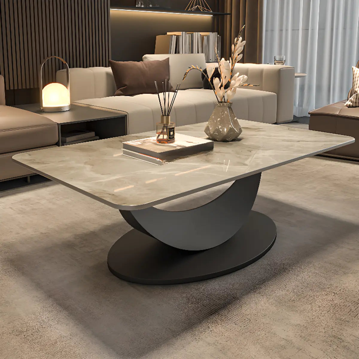Abstract White Rectangular Stone Iron Base Coffee Table Image - 8