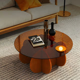 Abstract Wood Base Clear Glass Round Coffee Table Image - 5