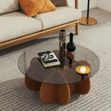 Abstract Wood Base Clear Glass Round Coffee Table Image - 10