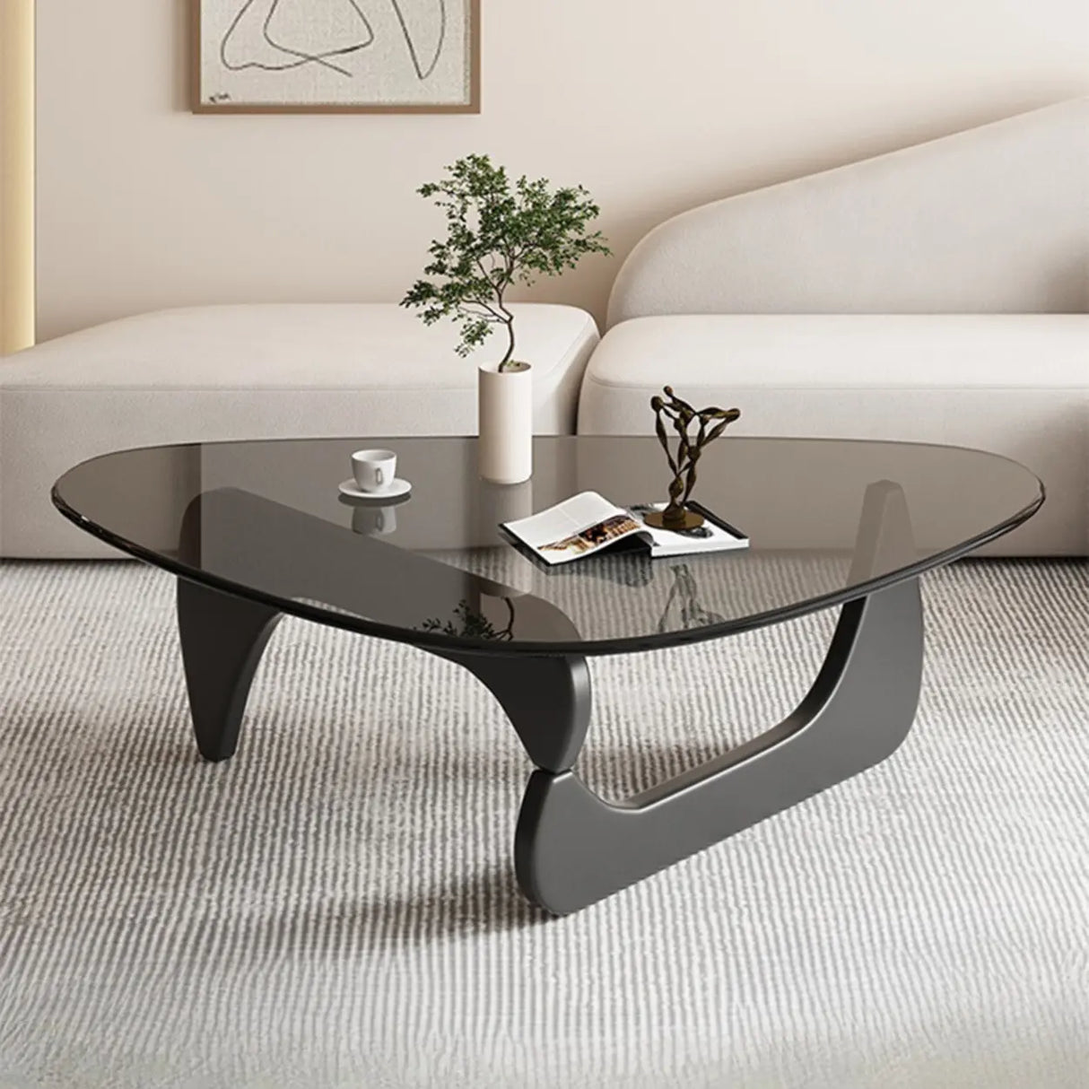 Abstract Wooden Base Glass Triangle Top Coffee Table Image - 1