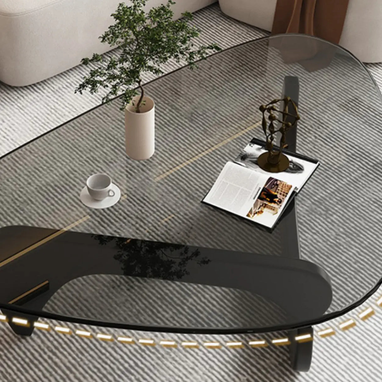 Abstract Wooden Base Glass Triangle Top Coffee Table Image - 11