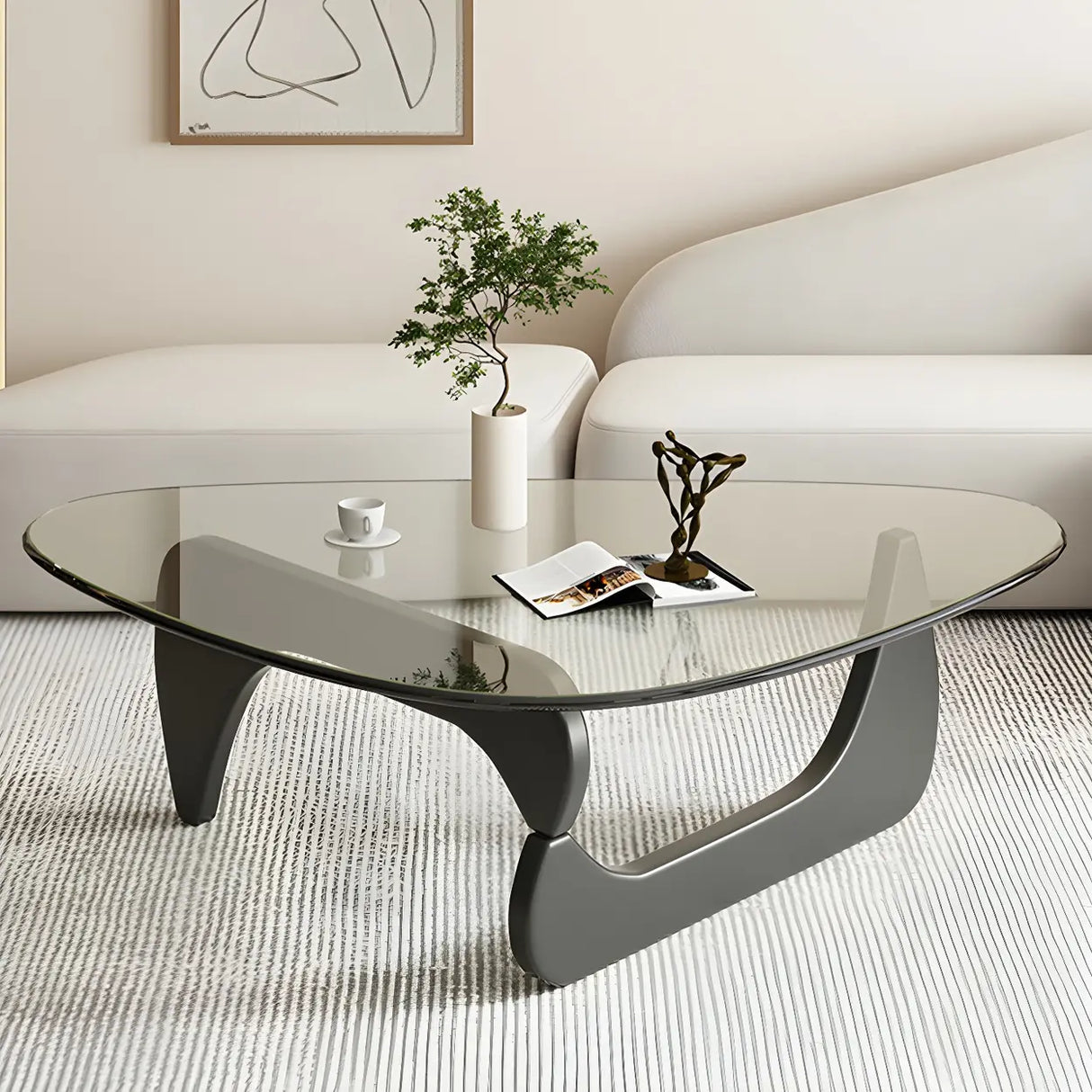Abstract Wooden Base Glass Triangle Top Coffee Table Image - 12