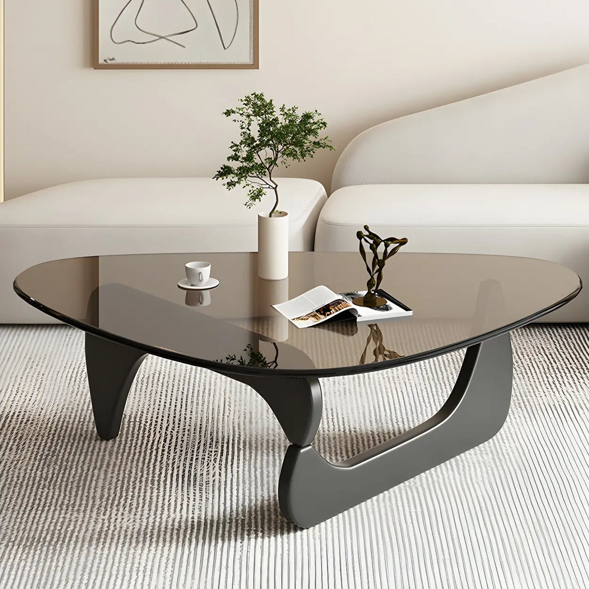 Abstract Wooden Base Glass Triangle Top Coffee Table Image - 13
