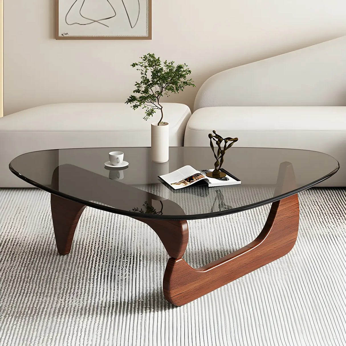 Abstract Wooden Base Glass Triangle Top Coffee Table Image - 15