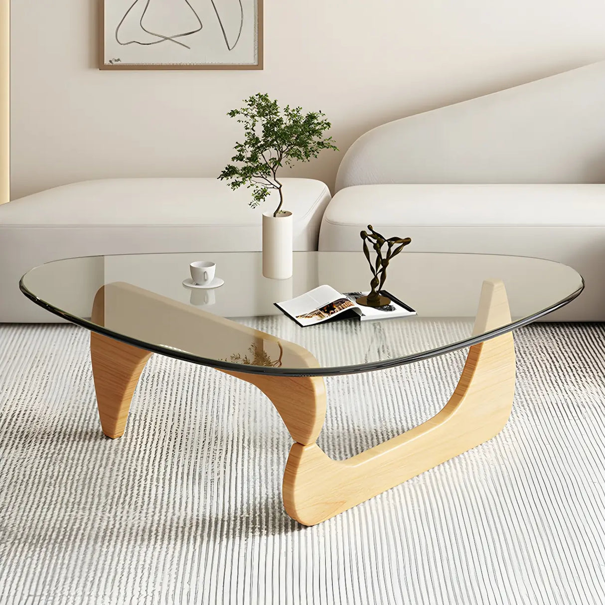 Abstract Wooden Base Glass Triangle Top Coffee Table Image - 17