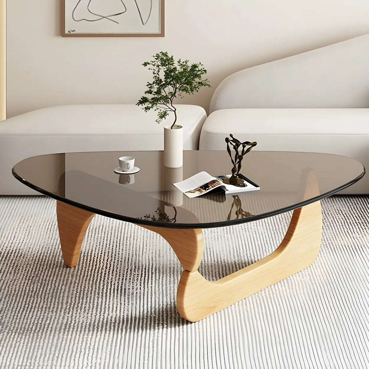 Abstract Wooden Base Glass Triangle Top Coffee Table Image - 2