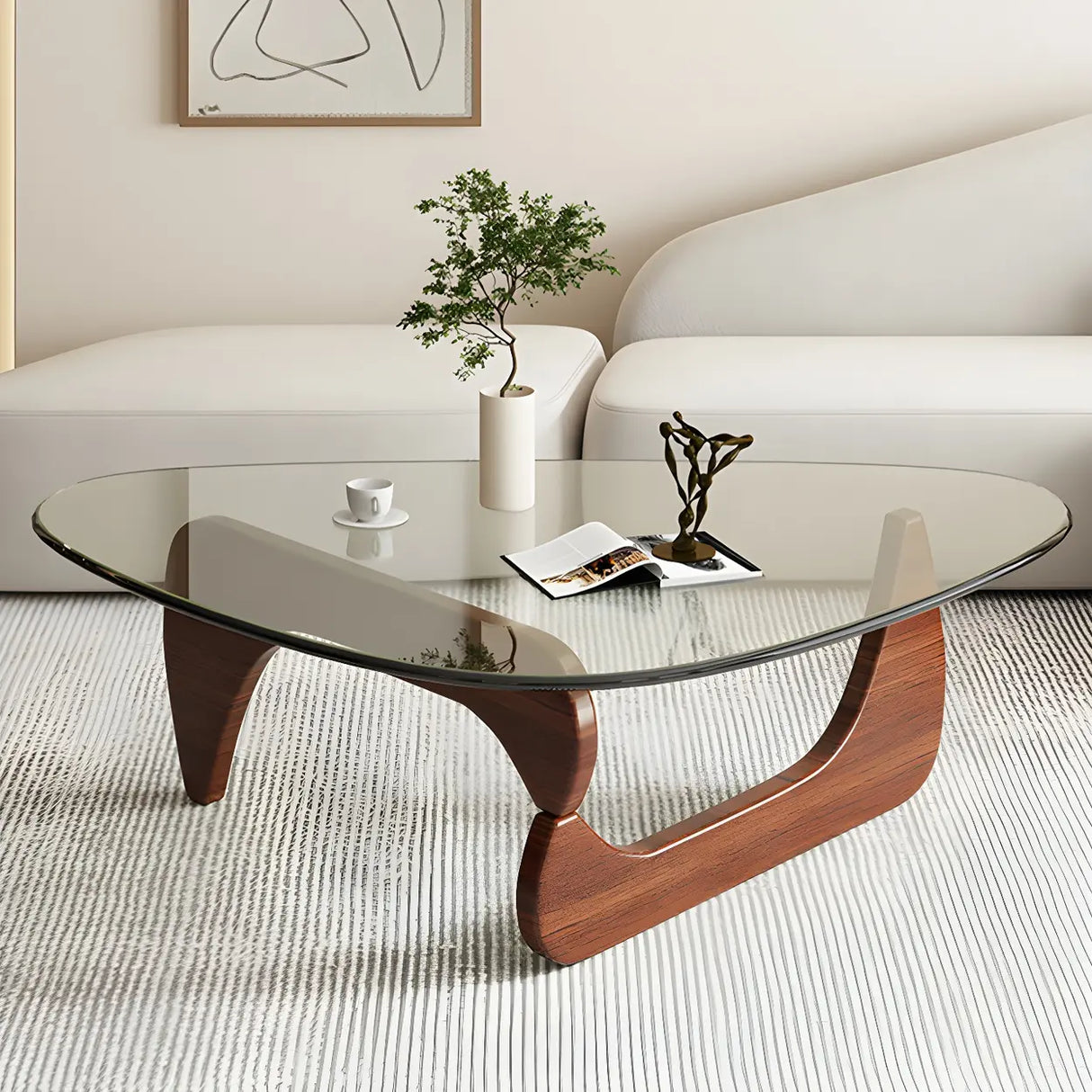 Abstract Wooden Base Glass Triangle Top Coffee Table Image - 3