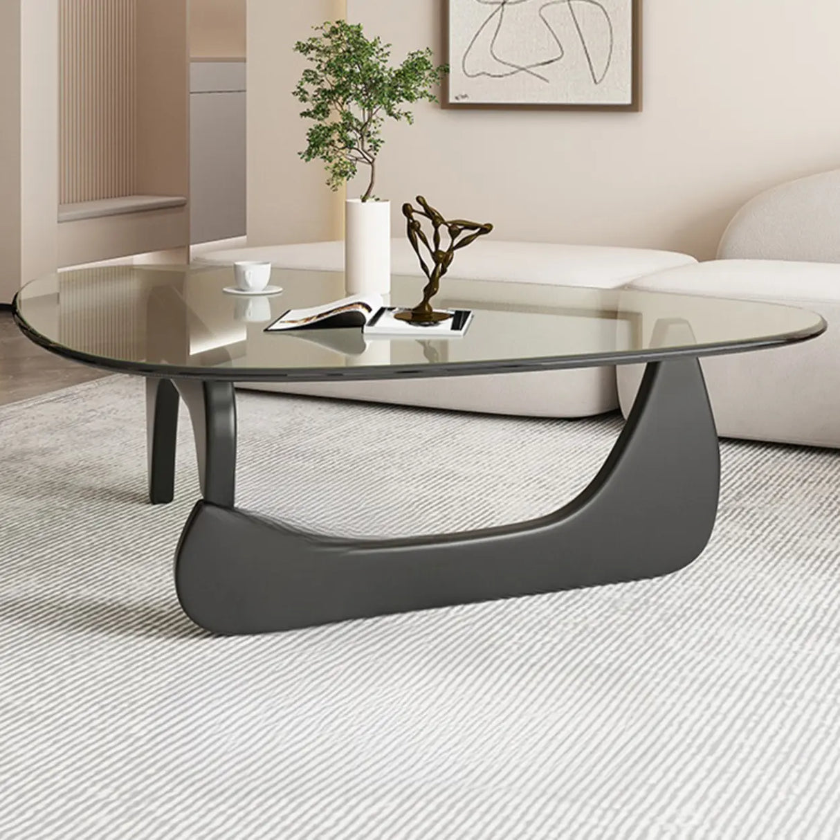 Abstract Wooden Base Glass Triangle Top Coffee Table Image - 4