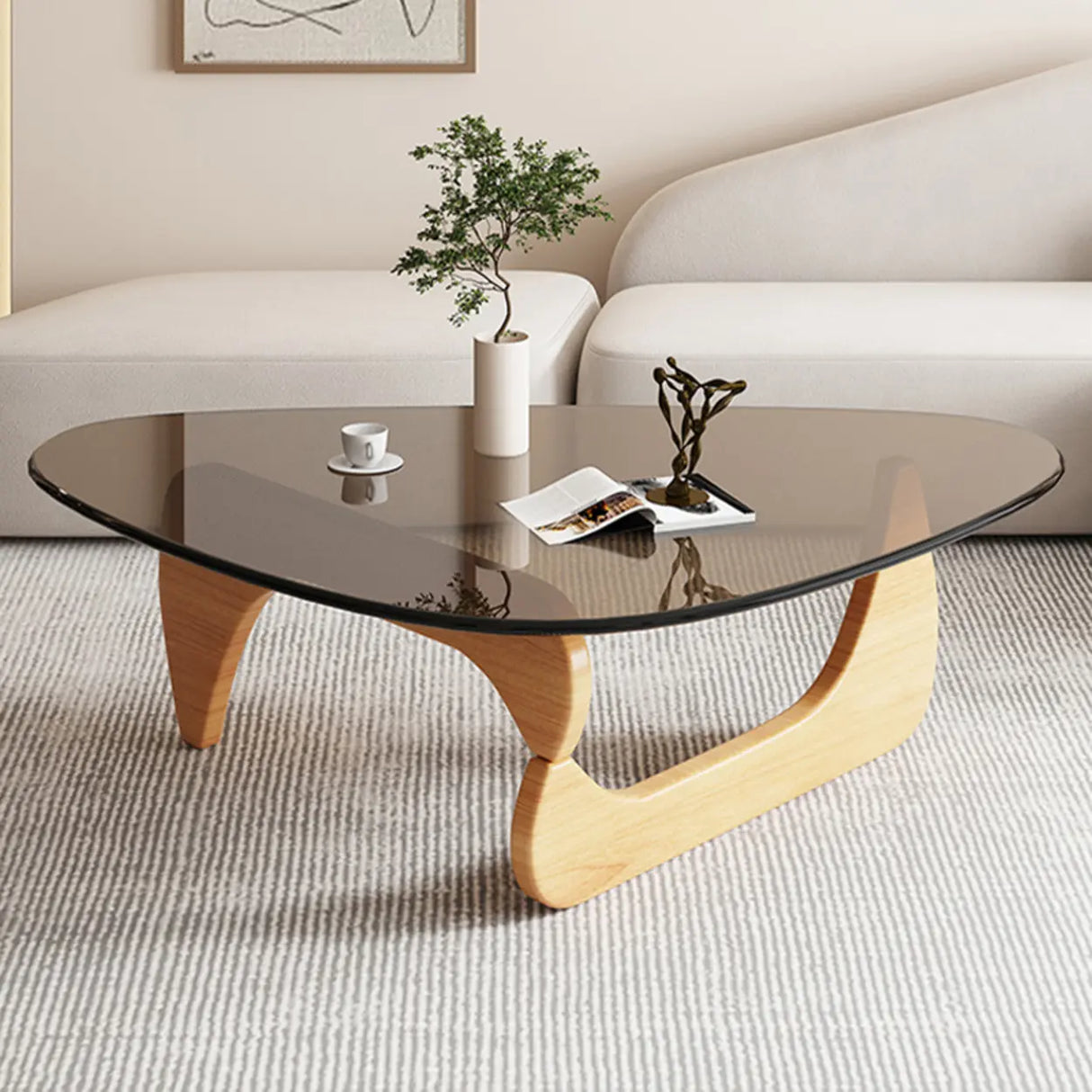 Abstract Wooden Base Glass Triangle Top Coffee Table Image - 5