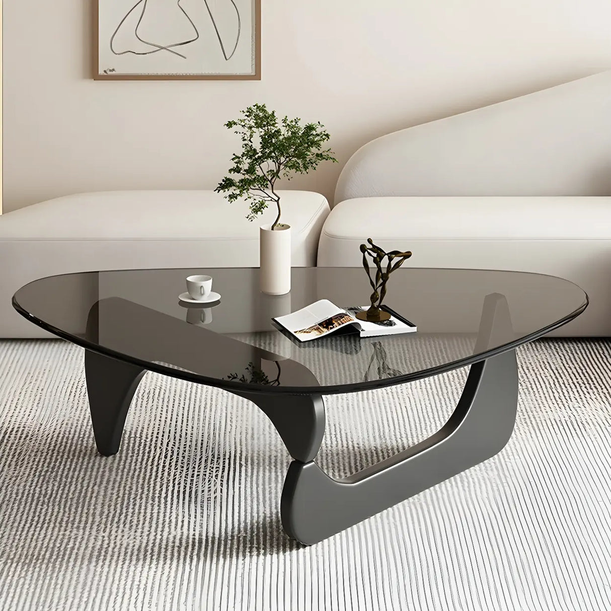 Abstract Wooden Base Glass Triangle Top Coffee Table Image - 7
