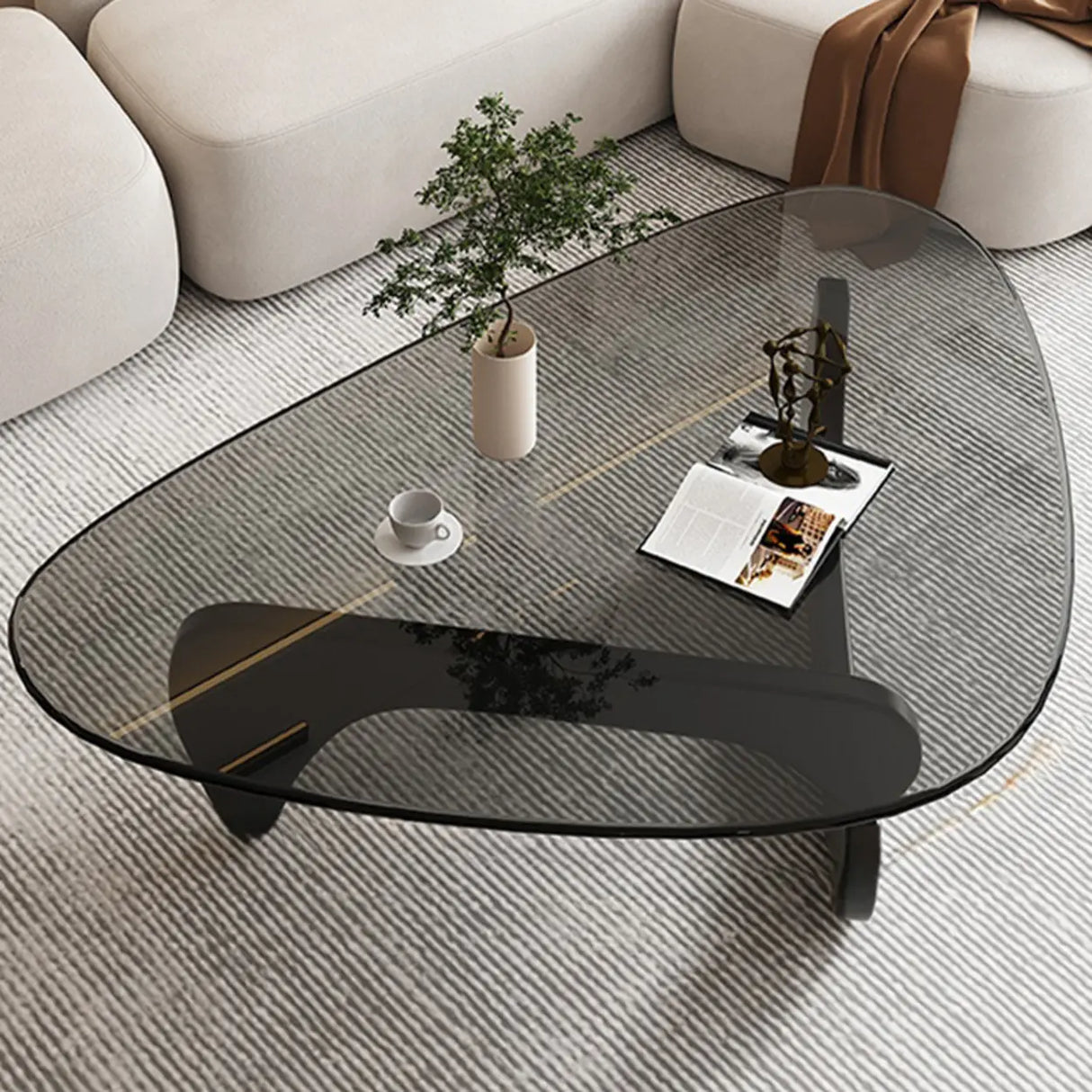 Abstract Wooden Base Glass Triangle Top Coffee Table Image - 8