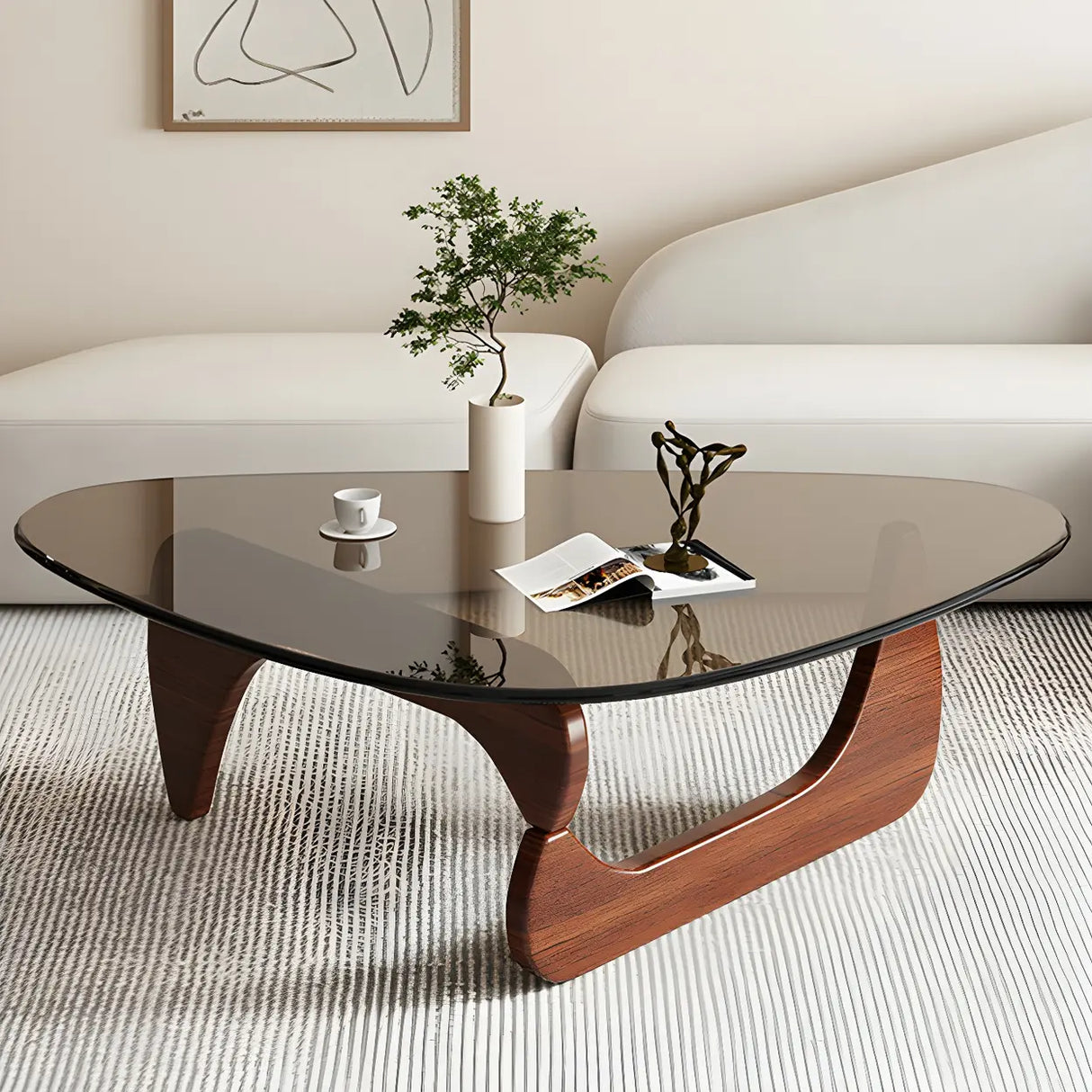 Abstract Wooden Base Glass Triangle Top Coffee Table Image - 9