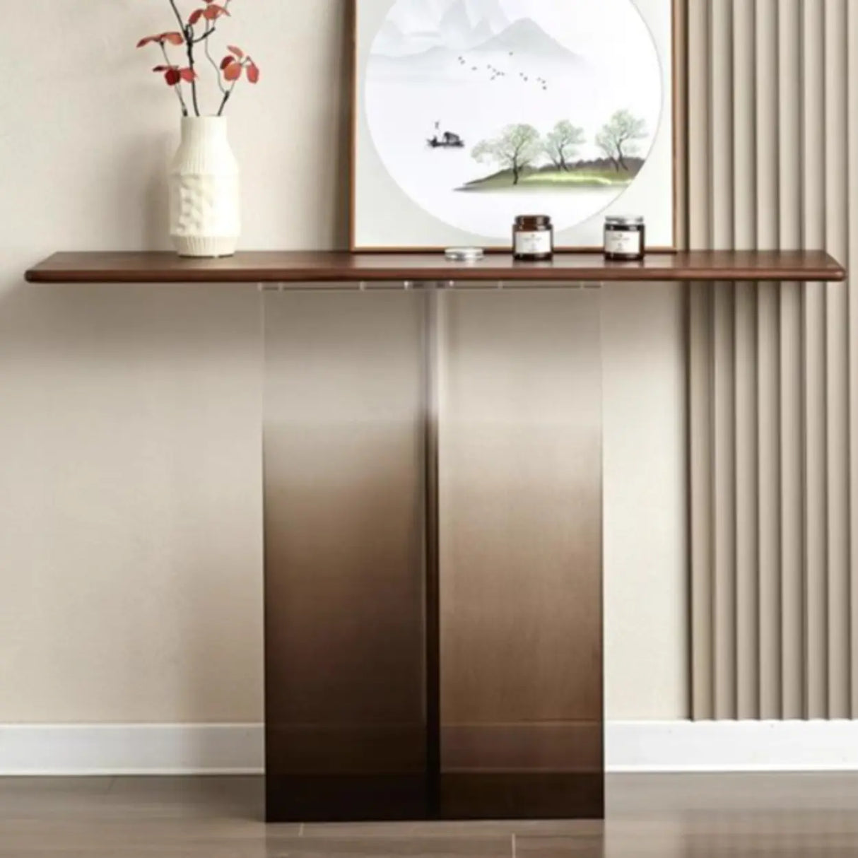 Acrylic Half-circle Pedestal Walnut Wood Console Table Image - 4
