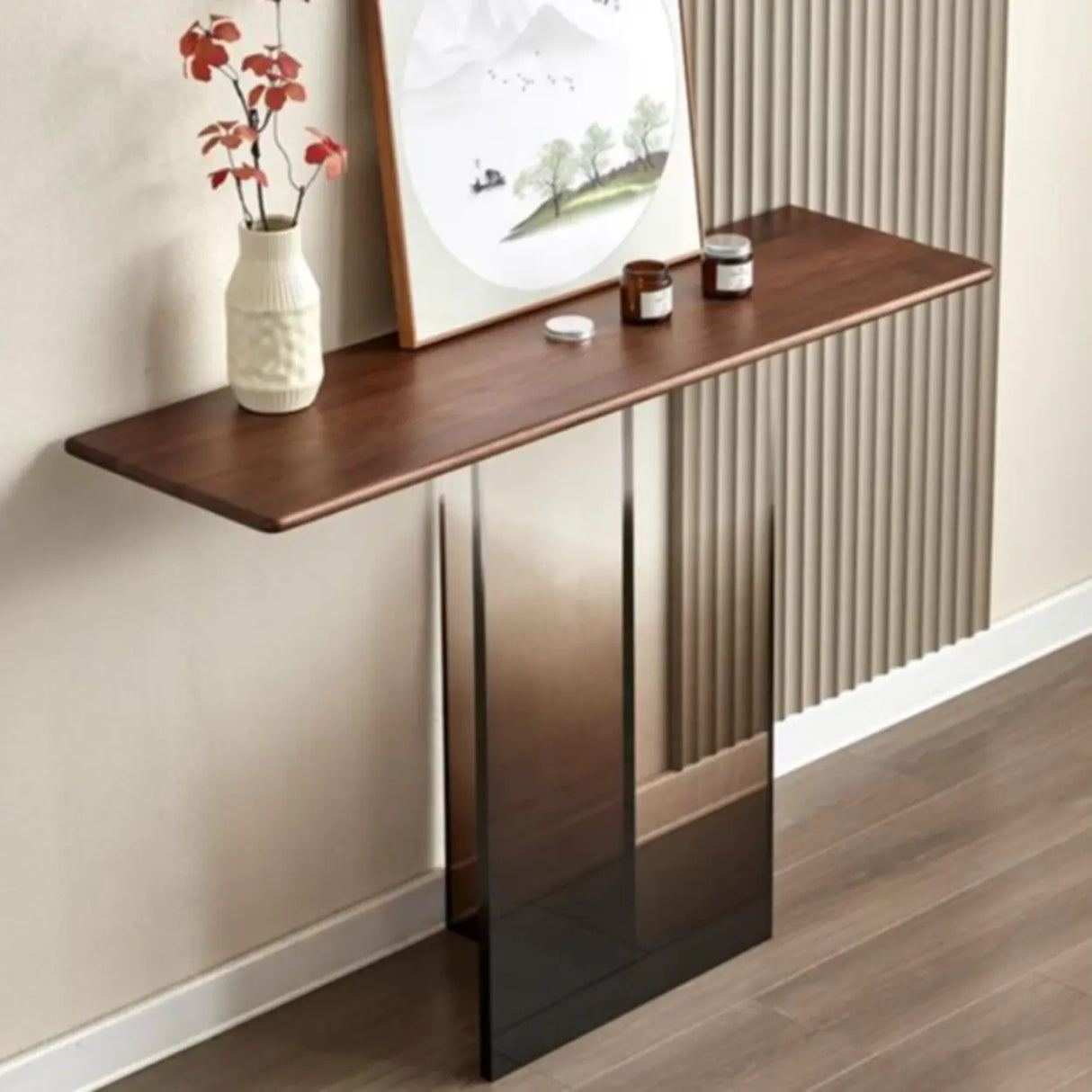 Acrylic Half-circle Pedestal Walnut Wood Console Table Image - 5