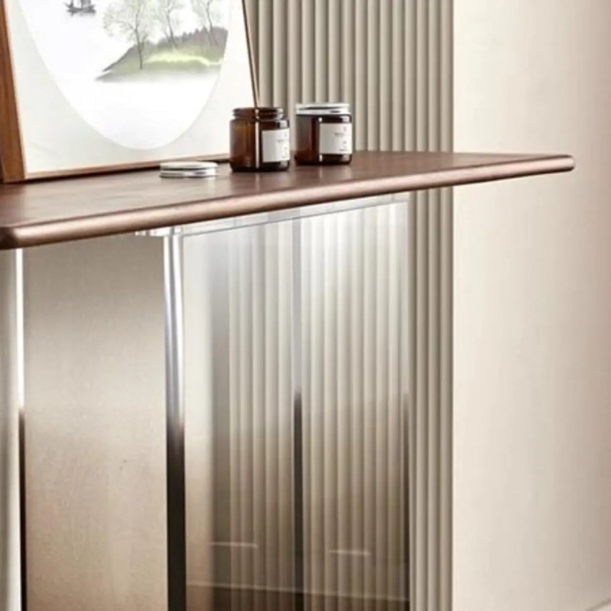 Acrylic Half-circle Pedestal Walnut Wood Console Table Image - 6