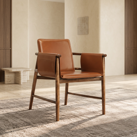 Brown Square Faux Leather Armchair Wooden Dining Chair