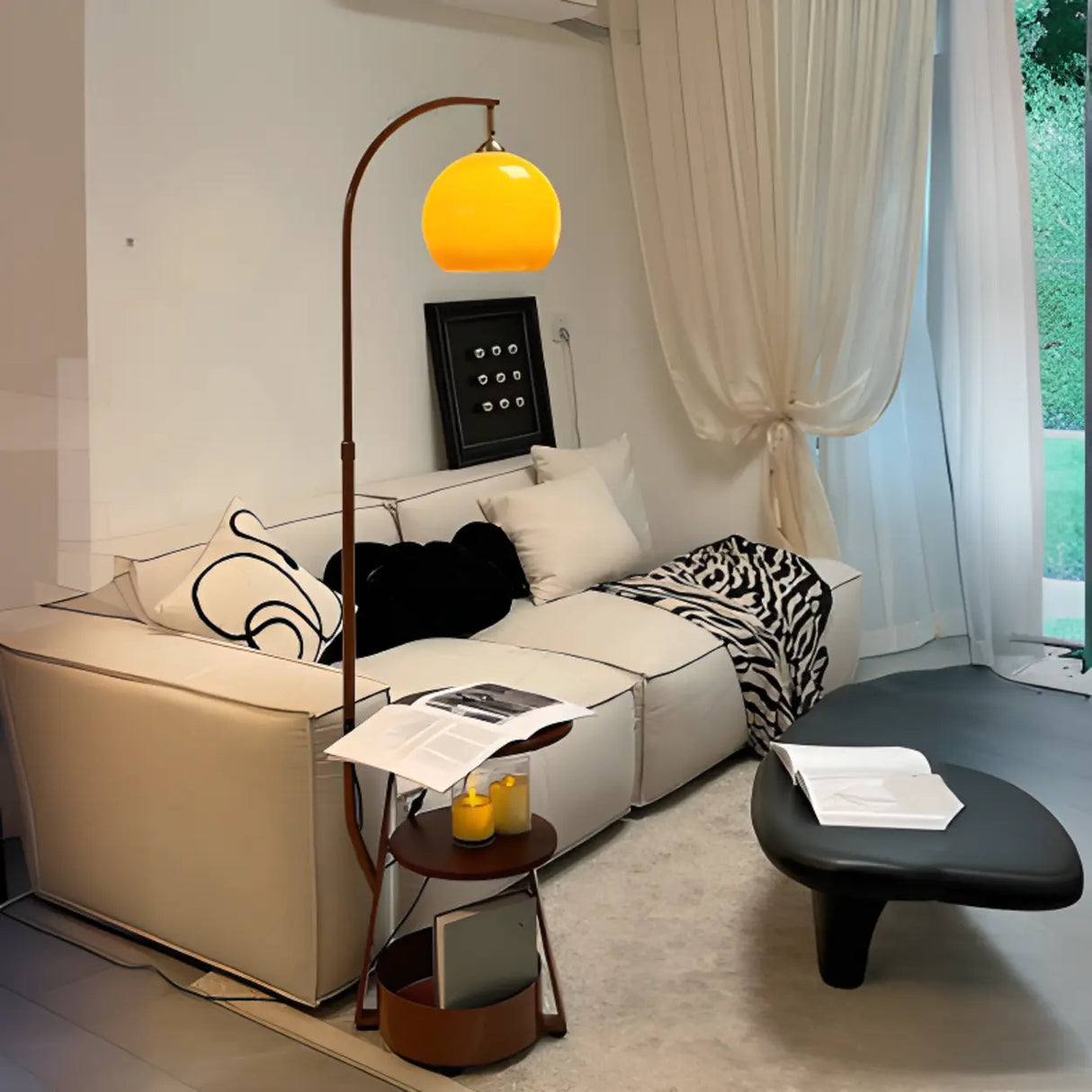 Adjustable Arc Floor Lamp with Three-Tier Storage Shelf Image - 1