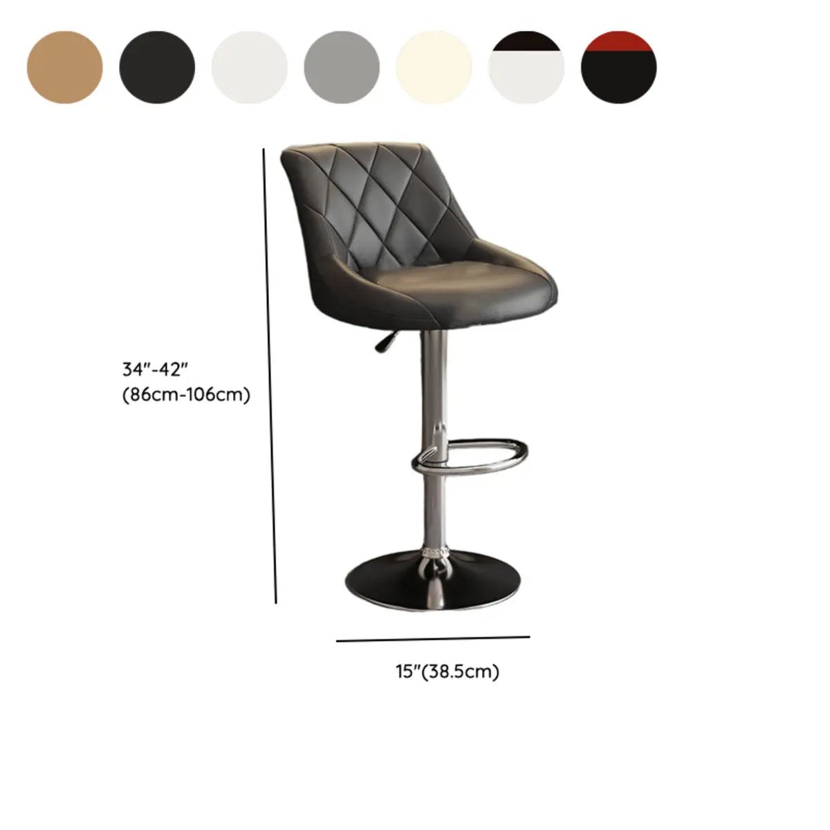Adjustable leather bar stool dimensions, 34 to 42 inches high with footrest and 15-inch width
