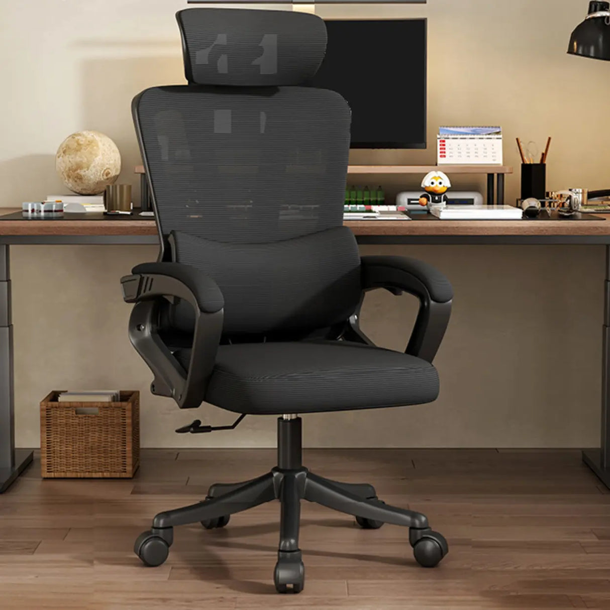 Adjustable Armrest Height Ergonomic Task Office Black Chair Image - 4