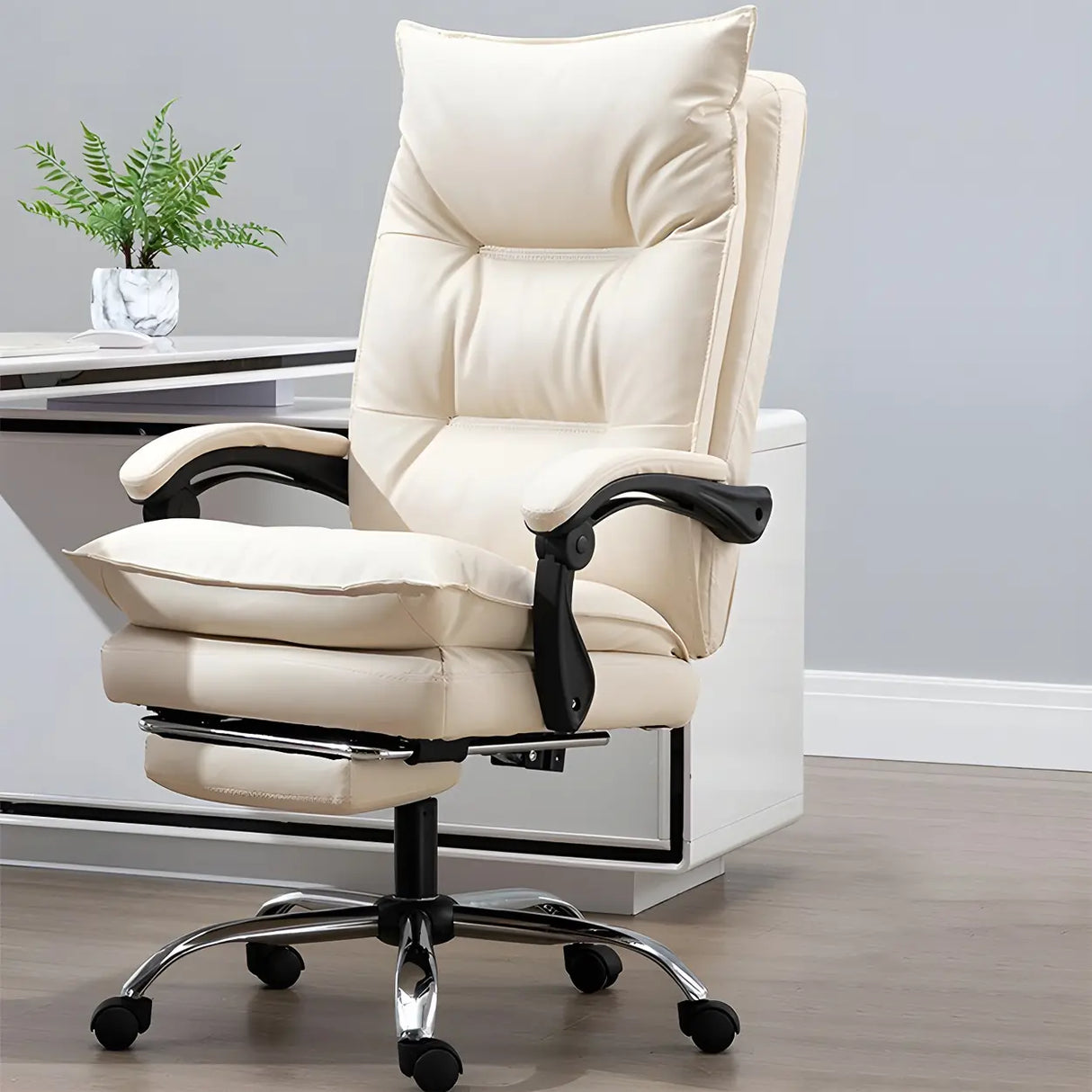 Adjustable Back Off-White Leather Office Chair with Casters Image - 1
