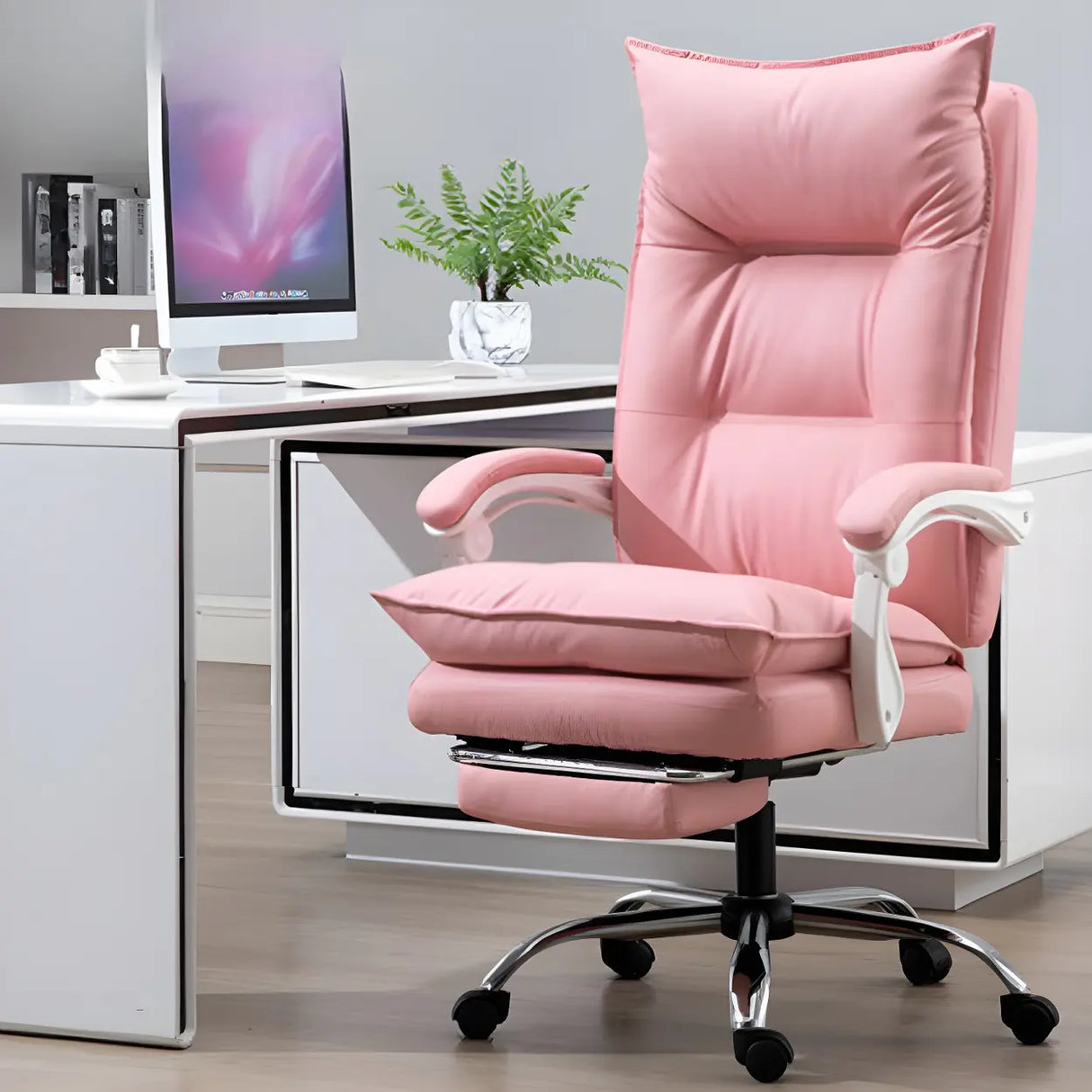 Adjustable Back Off-White Leather Office Chair with Casters Image - 2