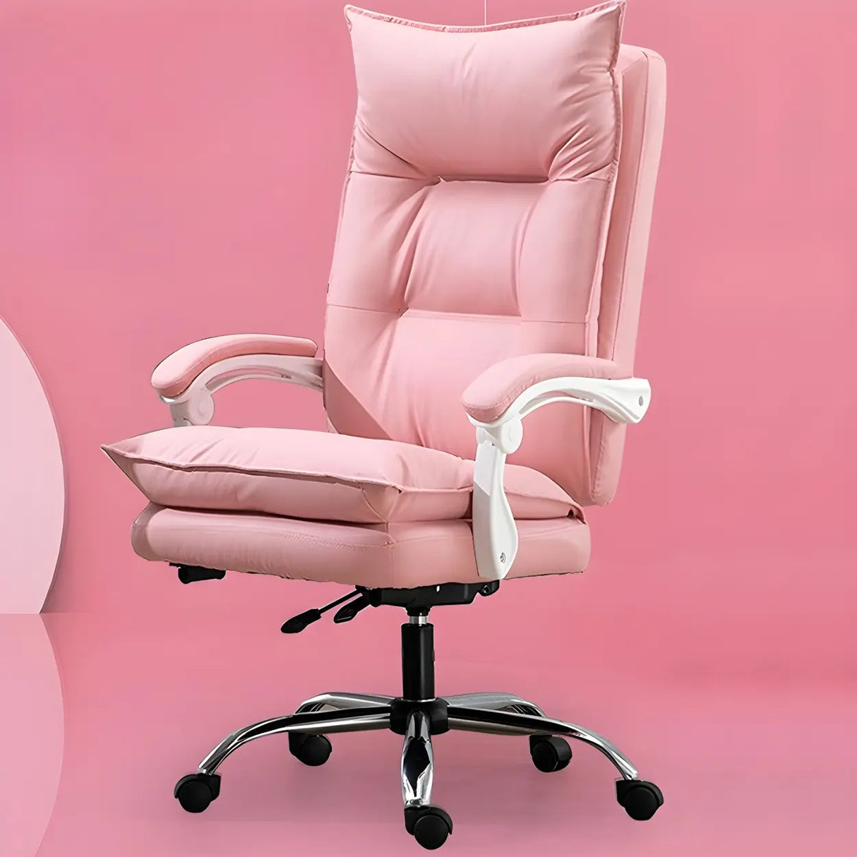 Adjustable Back Off-White Leather Office Chair with Casters Image - 3