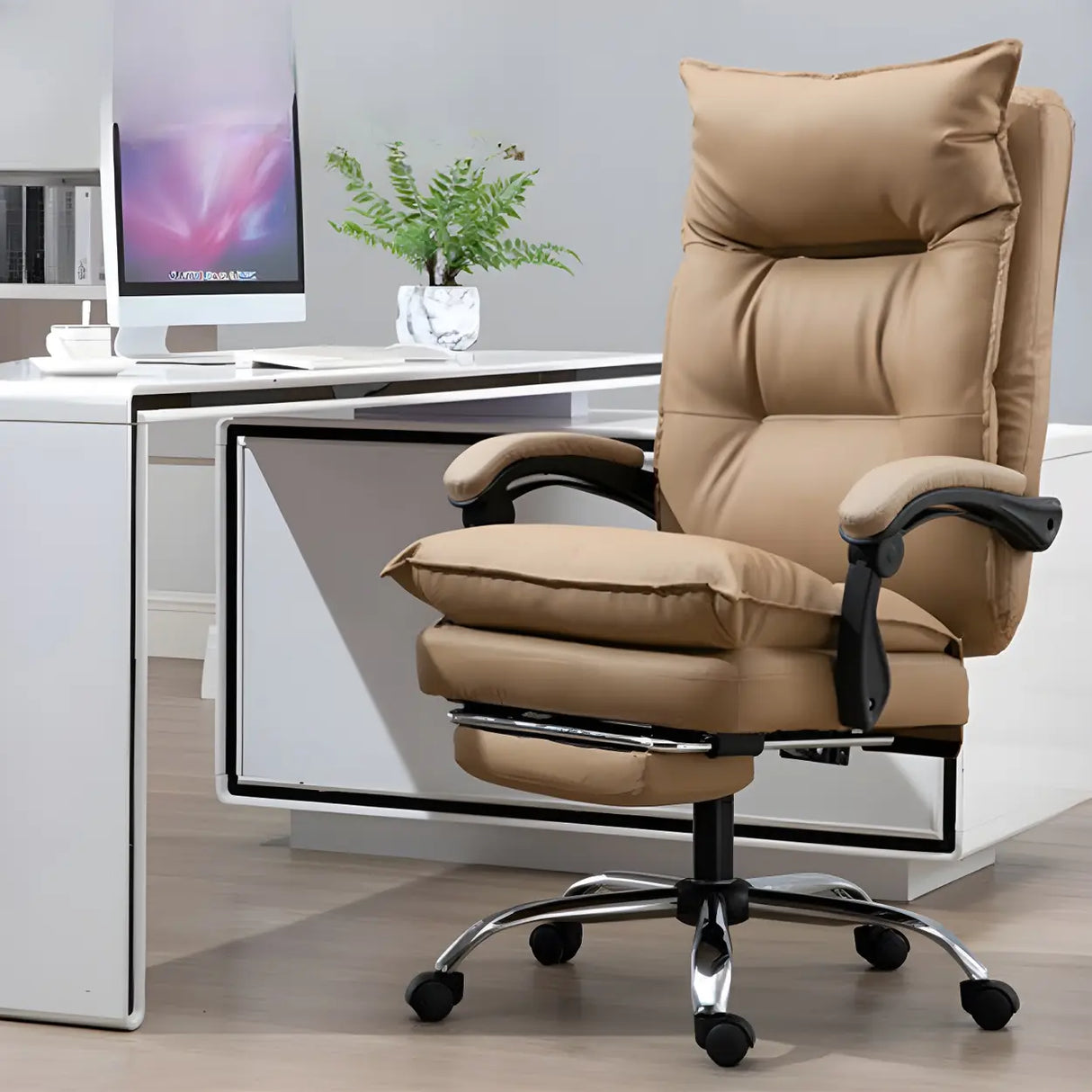 Adjustable Back Off-White Leather Office Chair with Casters Image - 4