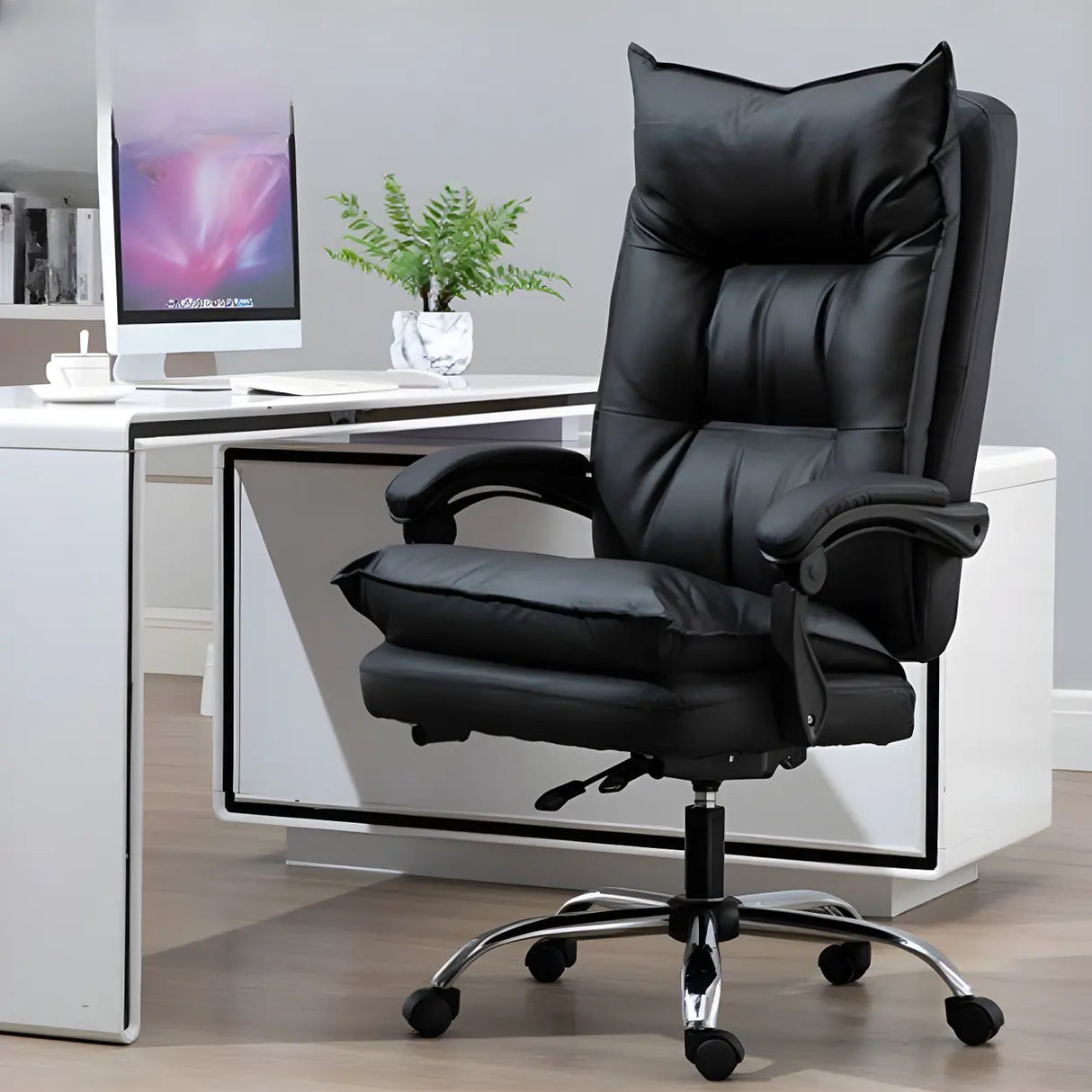 Adjustable Back Off-White Leather Office Chair with Casters Image - 5