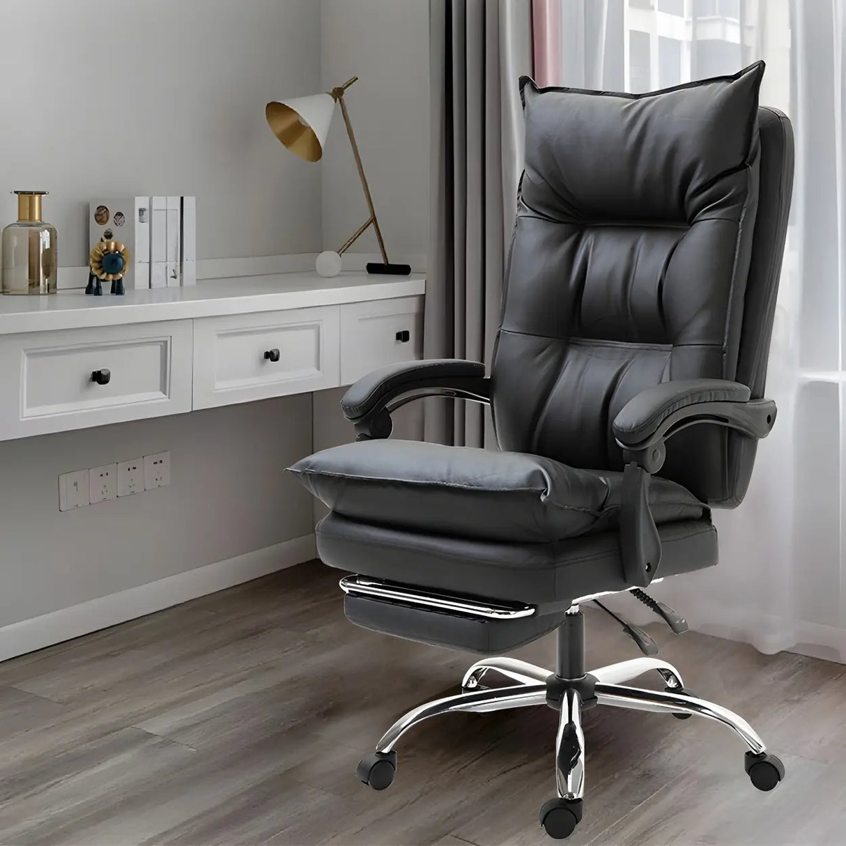 Adjustable Back Off-White Leather Office Chair with Casters Image - 6
