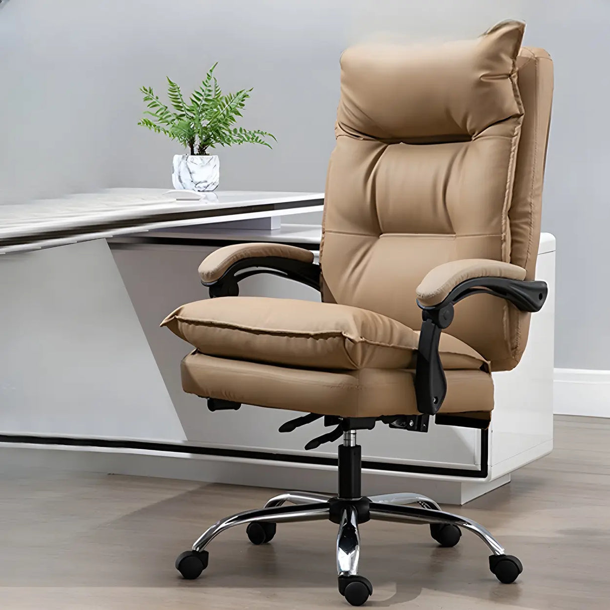 Adjustable Back Off-White Leather Office Chair with Casters Image - 7
