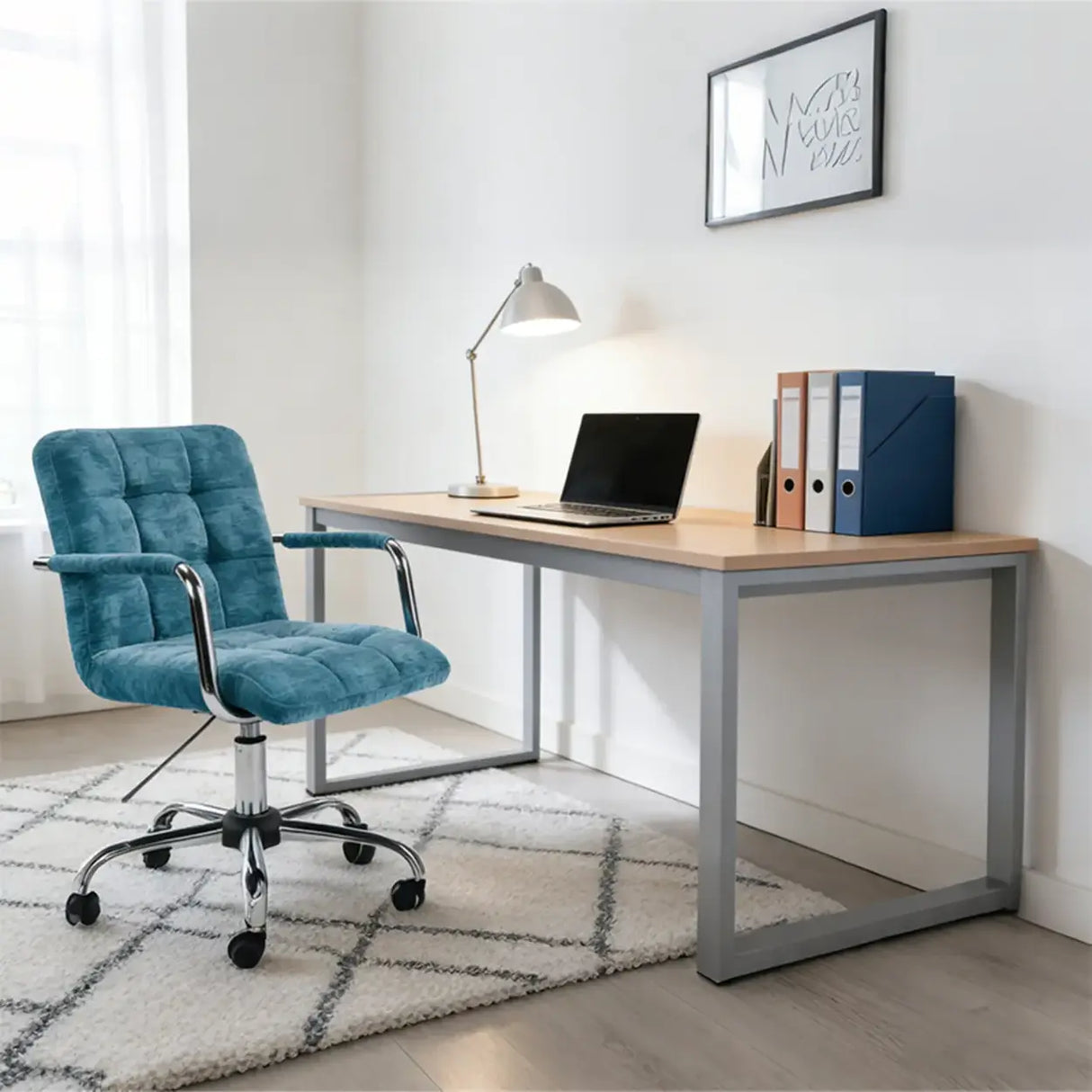 Adjustable Blue Upholstered Swivel Ergonomic Rolling Office Chair Image - 1