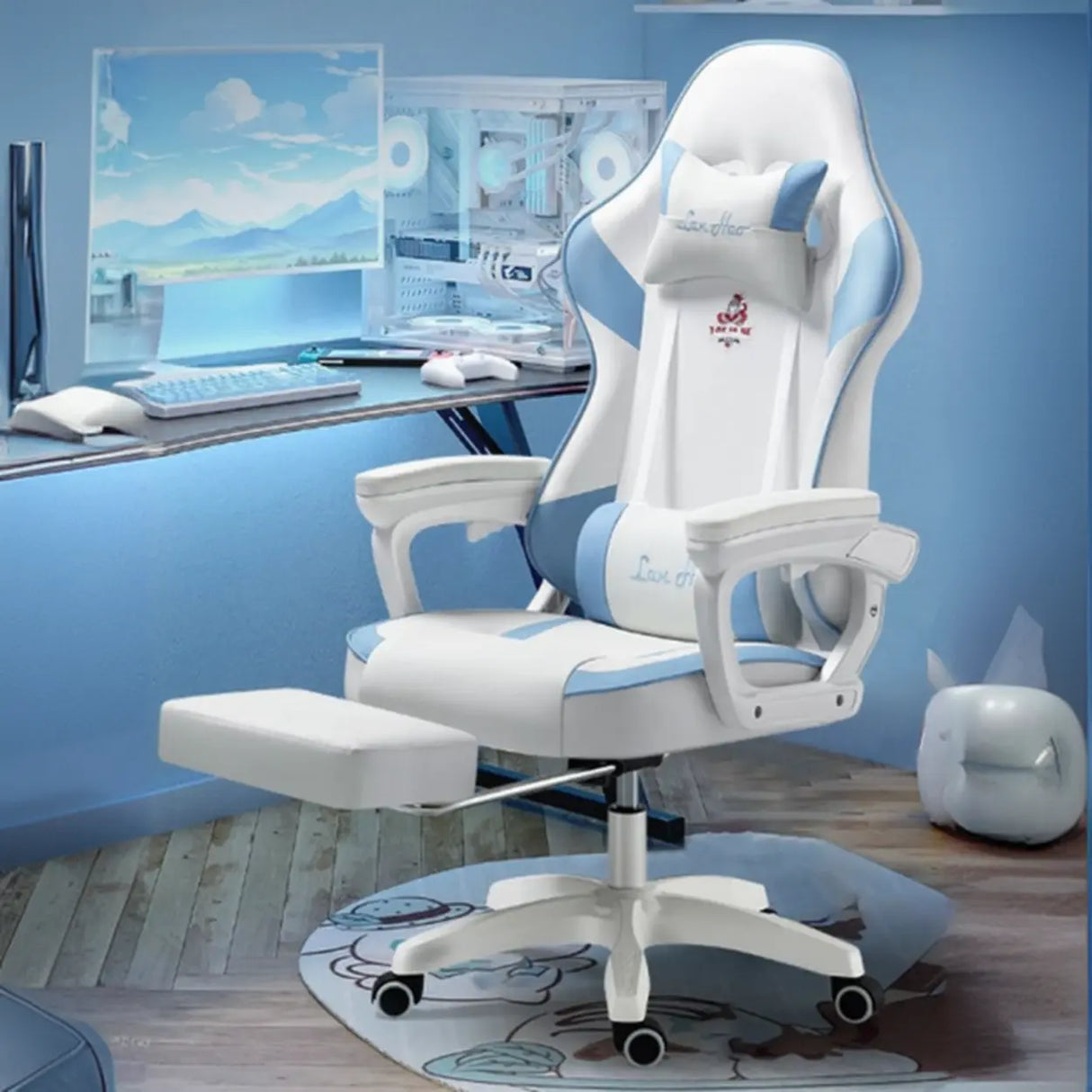 Adjustable Blue-White Leather Headrest Gaming Office Chair Image - 1